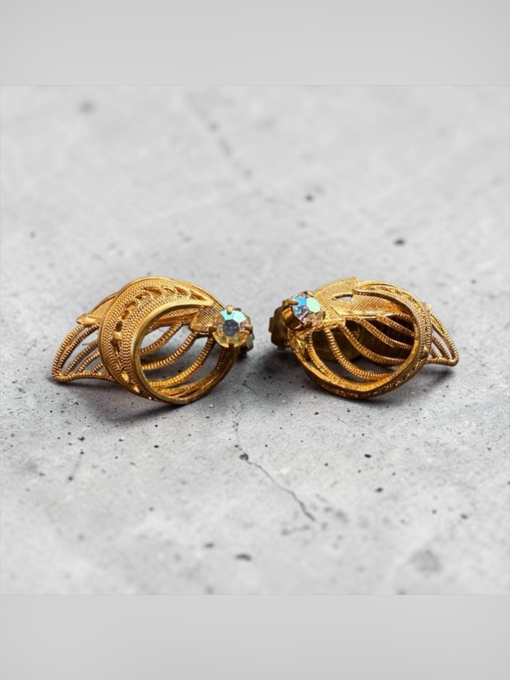 Vintage Germany Gold-Tone Clip-On Earrings with Rhinestone